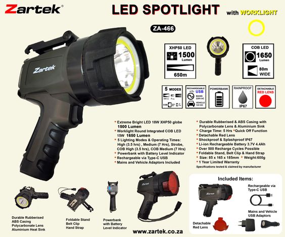 Zartek ZA-466 Rechargeable LED Spotlight with Worklight