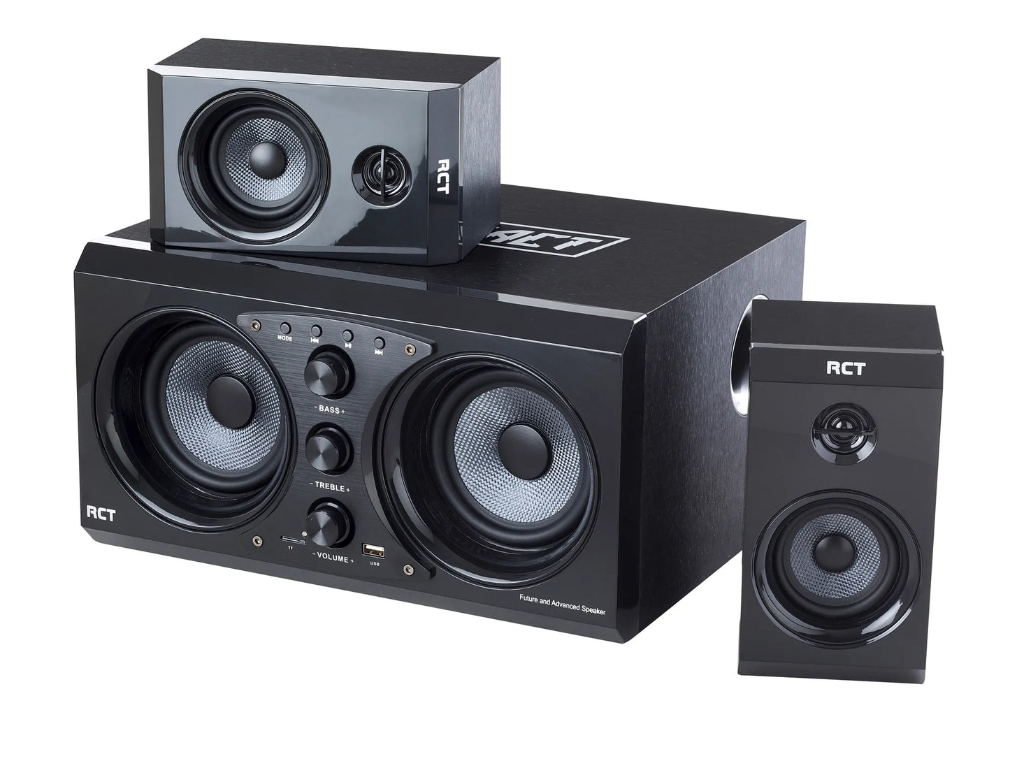 RCT 2.2 Channel Stereo Speaker - 2x Satellite Speakers + 1x Dual-Sub Unit - 60W RMS with Bluetooth and MicroSD card playback.