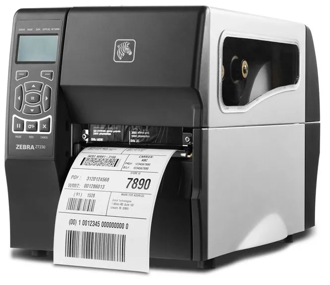 Zebra ZT-230 203dpi D/T or T/T Printer w/LCD; Rugged All Metal case w/Ethernet; USB & Serial; w/Cutter & Catch Tray